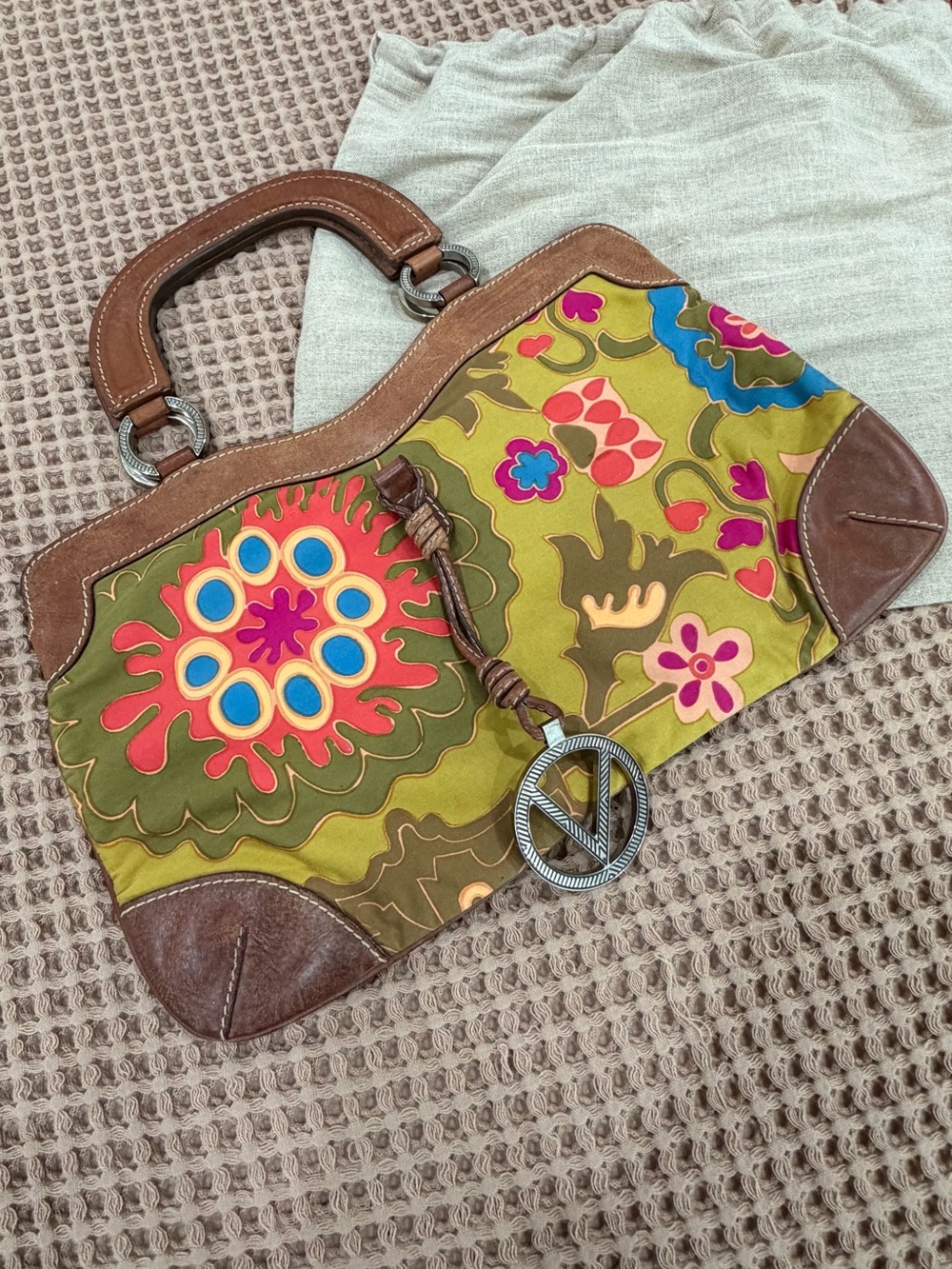 Valentino Multicolor Floral Canvas Satchel with Brown Leather Trim authentic